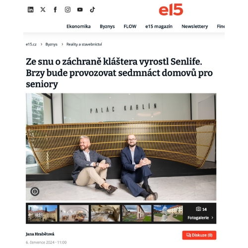 Článek na e15 o expanzi Senlife, který plánuje provozovat sedmnáct domovů pro seniory.